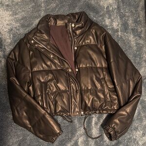 Women's Black Puffer Jacket - Faux Leather Cropped Coat